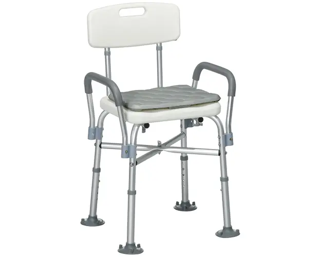 HOMCOM Scaun de Baie din Aluminiu Reglabil, cu Spatar si Brate, Perna Moale, Antialunecare, Alb | Aosom Romania