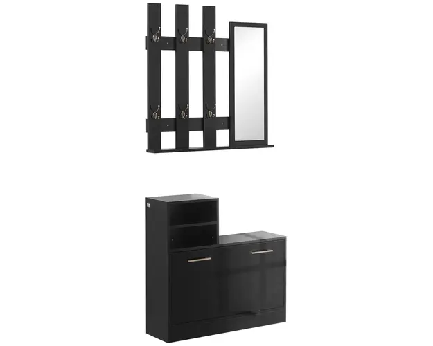HOMCOM Set de 2, Organizator Lucios Intens pentru Holul de la Intrare cu Banca Dulap de Depozitare a Pantofilor, Cuier de Hol, Negru | Aosom Romania