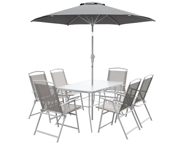 Outsunny Set de Gradina cu Masa, 6 Scaune Pliante si Umbrela de Soare cu Manivela, Lounge in Aer Liber din 8 Piese, 130x80x71 cm, Gri