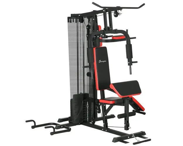 SPORTNOW Statie de Gimnastica pentru Exercitii Multiple cu Stiva de Greutati, Banca, Stand de Impingere, Statie de Flotari, 225x175x200 cm, Negru