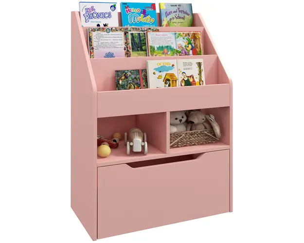HOMCOM Biblioteca pentru Copii cu Rafturi, Sertar si Roti, Raft pentru Jucarii si Carti, 60x29.9x90 cm, Roz | Aosom Romania
