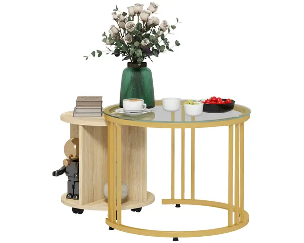 HOMCOM Set de 2 Mese de Cafea Rotunde, din Sticla, Noptiera pe Roti cu 4 Rafturi de Depozitare, Mese Laterale Moderne, Auriu, Stejar | Aosom Romania