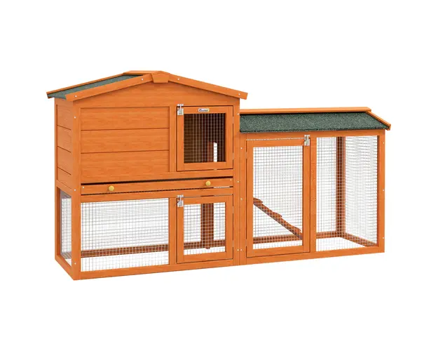 PawHut Cusca pentru Iepuri cu 2 Nivele, Cusca pentru Animale de Companie pentru Exterior, 150x45x85 cm, Portocaliu