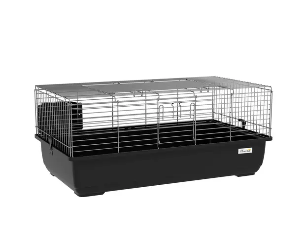 PawHut Cusca pentru Iepuri cu 2 Deschideri si Tava Detasabila, Cusca pentru Rozatoare din Metal si Plastic, 100x55x41 cm, Negru | Aosom Romania