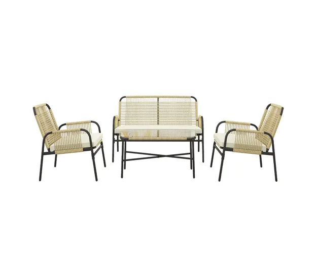 Outsunny Set pentru Exterior din Canapea cu 2 Locuri, 2 Fotolii cu Perne si Masuta de Cafea din Sticla, 110x65x74 cm, Galben | Aosom Romania