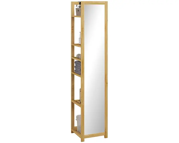 HOMCOM Polita Baie pe 6 Niveluri cu Oglinda, Suport de Depozitare Multifunctional, 35x35x168 cm, Lemn Natural | Aosom Romania