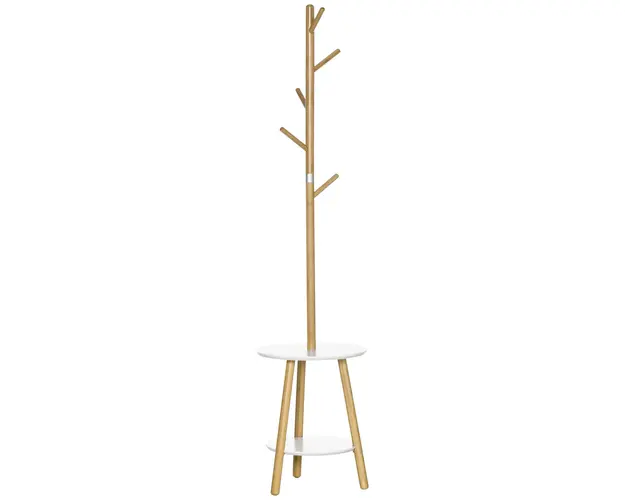 HOMCOM Set Cuier si Masuta de Cafea Rotunda, pentru Hol, din MDF si Aluminiu, 39,5x39,5x171 cm, Culoare Lemn si Alb | Aosom Romania
