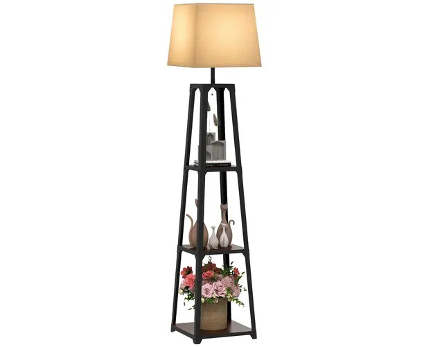 Lampa de Podea cu Rafturi, Inalta, Independenta, cu Abajur din Material Textil (Becul Nu Este Inclus), Nuc Maro si Bej, HOMCOM | Aosom Romania