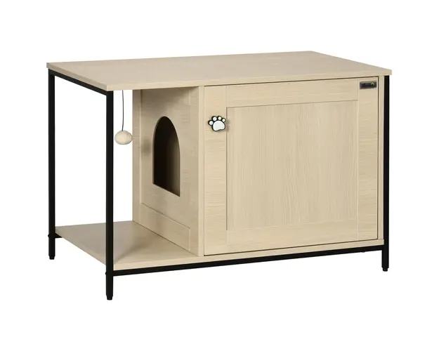 PawHut Mobilier Litiera Pisici Interior cu Minge Agatata, Usa Magnetica, 80x48x55cm, Negru Stejar | Aosom Romania