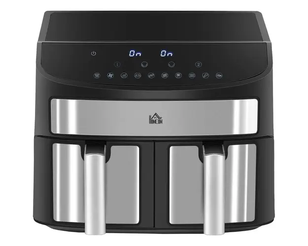 HOMCOM Friteuza cu Aer Cald cu Vas Dublu, Friteuza fara Ulei cu Ecran Tactil LED, Temporizator si Temperatura Reglabila, 38.8x36.3x31.1 cm, Negru