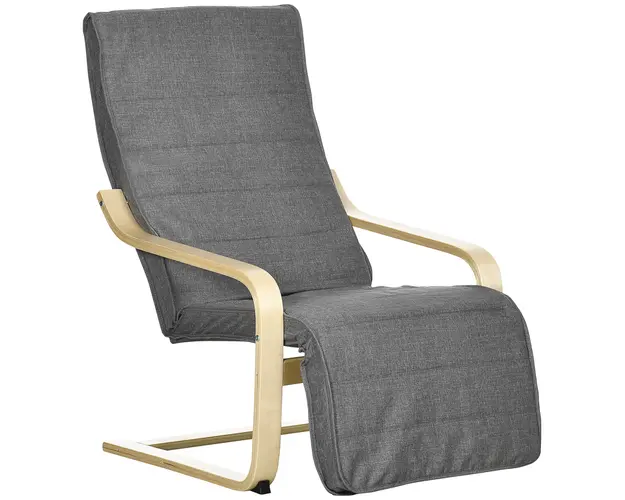 HOMCOM Fotoliu Relax cu Suport picioare pe 5 Niveluri si Tetiera, Fotoliu Ergonomic din Lemn de Mesteacan si Tesut, Gri