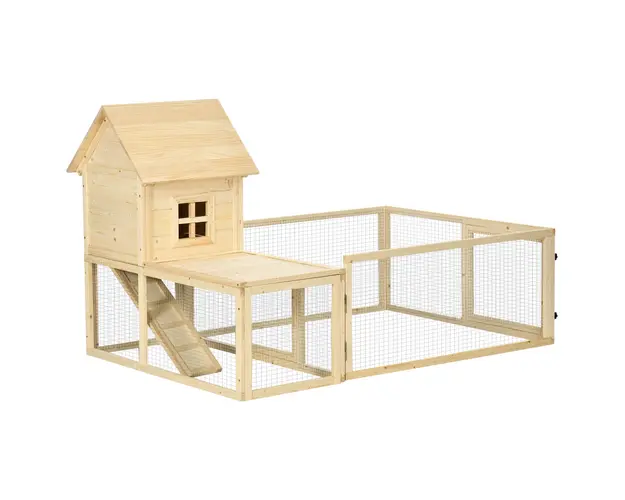 PawHut Cusca de interior din molid cu tava detasabila, 3 usi si zona exterioara, 151,5x106x97 cm, culoare lemn | Aosom Romania