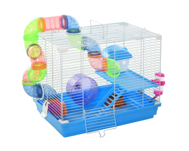 PawHut Cusca pentru Hamster cu 2 Niveluri, Rezervor de Apa, Tava Detasabila, Tunel si Roata, 46x30x37cm, Albastru | Aosom Romania