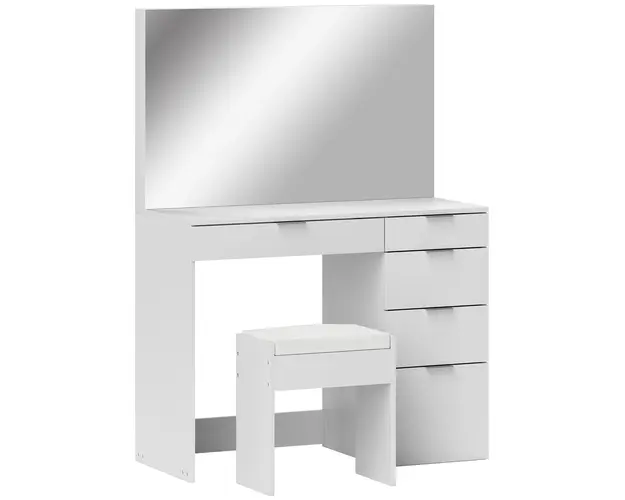 HOMCOM Set Masa de Toaleta cu Oglinda si 5 Sertare si Taburet de Machiaj Tapitat, 97,2x44,5x136,5 cm, Alb | Aosom Romania