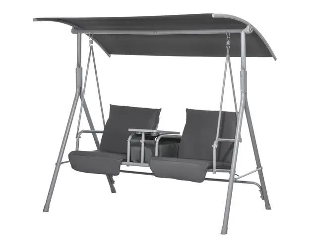 Outsunny Balansoar Exterior cu Masuta de Cafea si Suport Central pentru Pahare, Leagan cu 2 Locuri si Acoperis, 175x112x158 cm, Gri | Aosom Romania