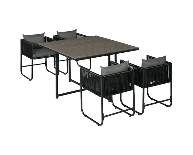 Outsunny Mobilier de Gradina 5 Piese din Ratan PE si Otel, Set cu 4 Scaune Pliante cu Perne Confortabile, Negru si Gri | Aosom Romania