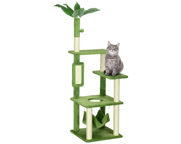 PawHut Copac Pisici 142cm cu Hamac Stalp Zgarieturi Minge Verde 49x49x142cm | Aosom Romania