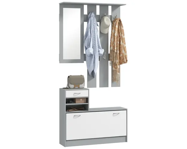 HOMCOM Set de Mobilier pentru Hol cu Raft pentru Pantofi, Oglinda si 2 rafturi Reglabile, 90x24x177 cm, Gri | Aosom Romania