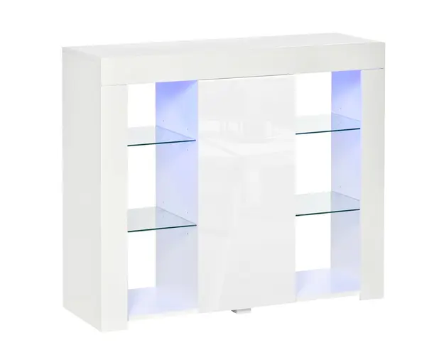 HOMCOM Bufet Modern cu Usa si Lumini LED cu Finisaj Lucios si Rafturi din Sticla, Dulap Mutifunctional 97x35x83cm, Alb Modern | Aosom Romania