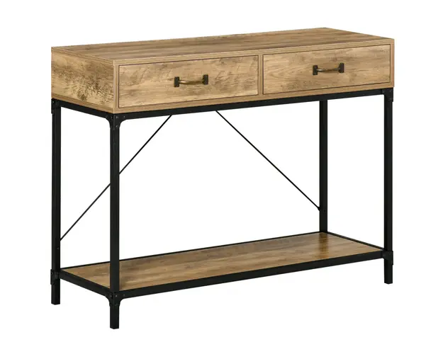 Masa Consola Vintage HOMCOM din Metal si Lemn, Design Elegant cu 2 Sertare si Raft, Maro, pentru Living, Sufragerie | Aosom Romania