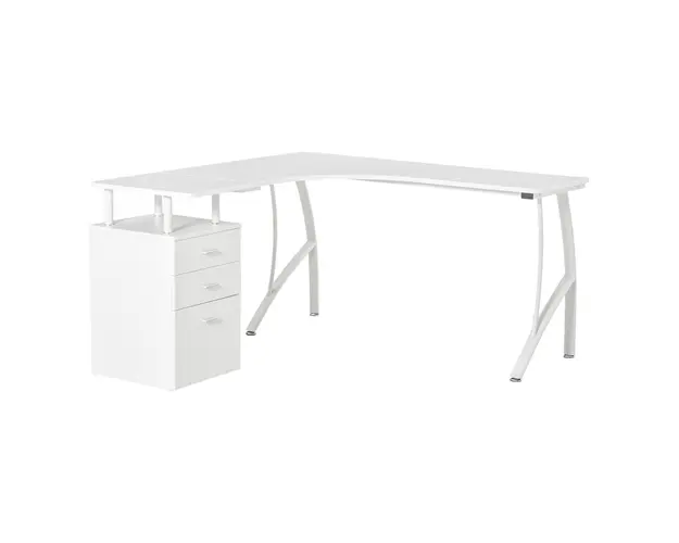 HOMCOM Masa de birou de colt cu sertar, masa de birou oficiu suport PC din lemn si metal, alb, 143,5x143,5x76cm | Aosom Romania
