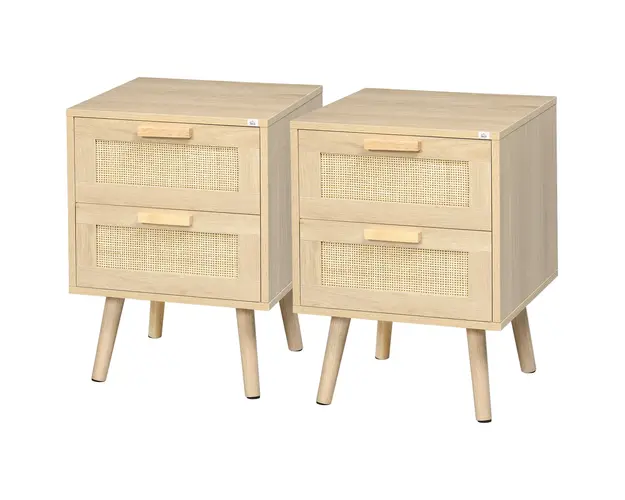 HOMCOM Set 2 Noptiere Boho Elegante, Mobilier Dormitor cu 2 Sertare, 40x40x56cm, Lemn Natural | Aosom Romania