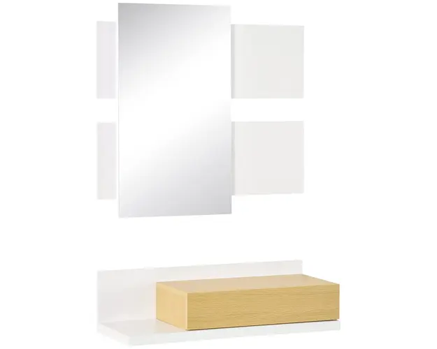HOMCOM Set Mobilier pentru Hol cu Oglinda si Sertar, Design Modern din Lemn, Oglinda de Perete 40x70cm, Alb si Lemn Natural | Aosom Romania