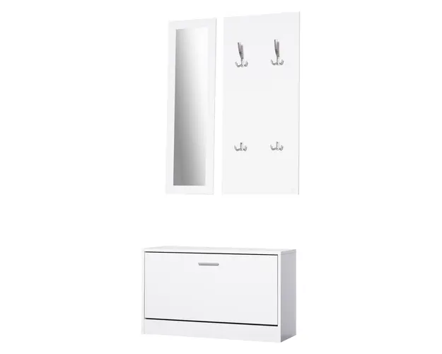HOMCOM Set 3 Piese Suport pantofi Suport haine Oglinda pentru Hol sau Dormitor, din Lemn, 80x27x46,5cm, Alb | Aosom Romania