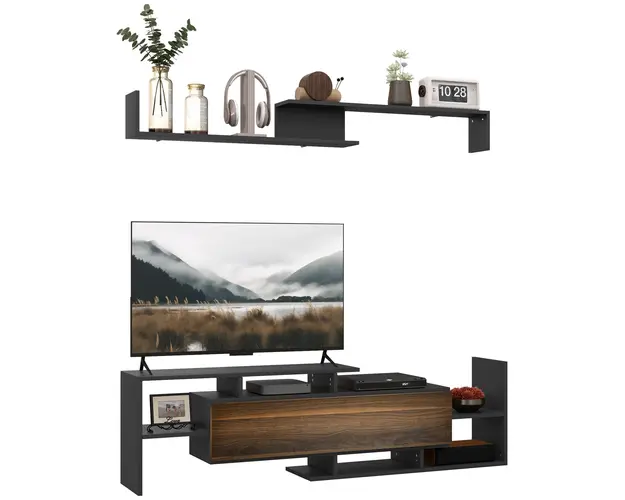 HOMCOM Mobilier TV cu Raft de Perete, Rafturi Deschise si Dulapior din Lemn, 153,6x25x42 cm, Negru | Aosom Romania