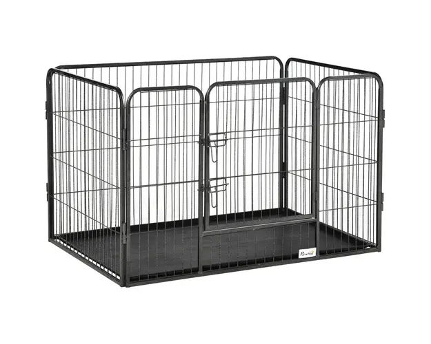 PawHut Tarc pentru Caini, Gard metalic pentru Animale cu 4 Panouri, Usa de blocare dubla si Tava Inferioara, 109x74x71cm, Gri | Aosom Romania