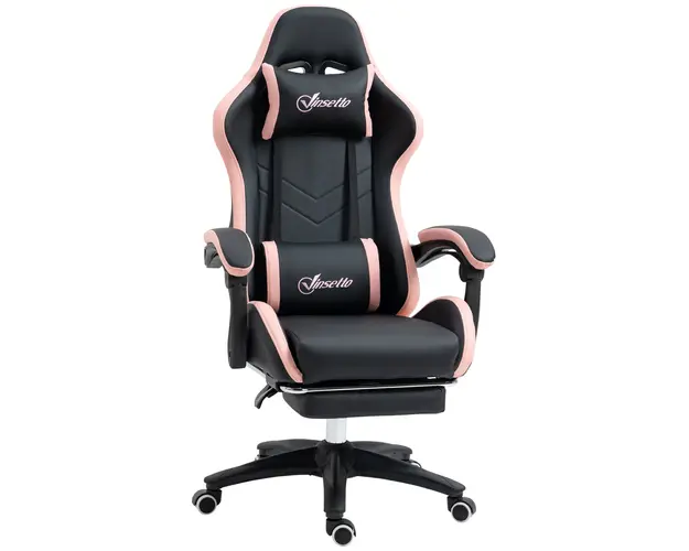 Scaun de Gaming Premium, Piele Ecologica PU, Otel, Inaltime Ajustabila, Spatar Inclinabil, 65x65x121-129 cm, Roz si Negru | Aosom Romania