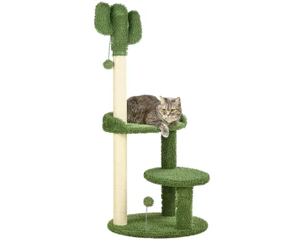 PawHut Copac Pisici Cactus 111cm, Stalpi Zgarieturi, Pat, Mingi, Verde | Aosom Romania