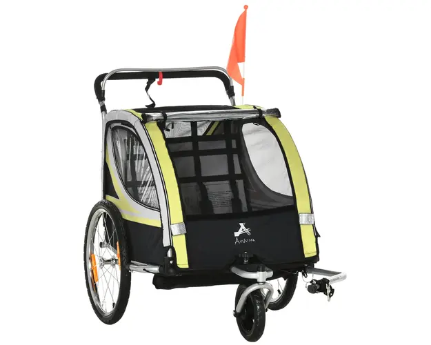 HOMCOM Remorca pentru bicicleta pentru copii 2 in 1, centura in 5 puncte, geanta de depozitare, reflector, steag, galben | Aosom Romania
