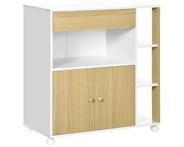 HOMCOM Carucior de Bucatarie din PAL, cu 4 Rafturi Deschise, Sertar si Dulap, 80x39x85.5 cm, Alb si Stejar, Spatiu de Depozitare | Aosom Romania