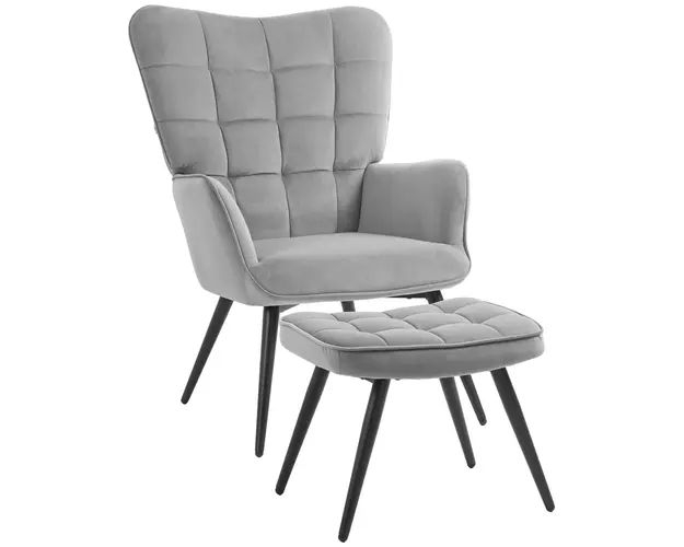 HOMCOM Fotoliu Tapitat cu Cotiere si Suport pentru Picioare Integrat, Taburet din Tesatura cu Efect de Catifea, 73x77.5x98 cm, Gri Deschis