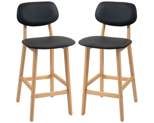 HOMCOM Set 2 Taburete cu Spatar si Tapiterie din Piele Artificiala, Taburete Inalte din Lemn, 42x47x92 cm, Negru | Aosom Romania