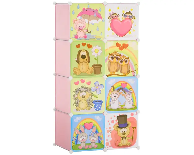 HOMCOM Mobilier Modular Incaltaminte cu Decor Zoo, 8 Cuburi Roz PP si Otel, 74x47x144cm, Organizare Eficienta | Aosom Romania