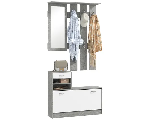 HOMCOM Mobilier pentru Hol cu Raft pentru Incaltaminte, Oglinda, 6 Carlige, 2 Rafturi si Sertare, 90x24x177 cm, Gri | Aosom Romania