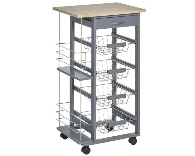 HOMCOM Carucior de Bucatarie Gri Inchis, 1 Sertar, 4 Cosuri Metalice, 2 Etajere, MDF, Lemn de Pin, Metal, 47x37x83cm | Aosom Romania