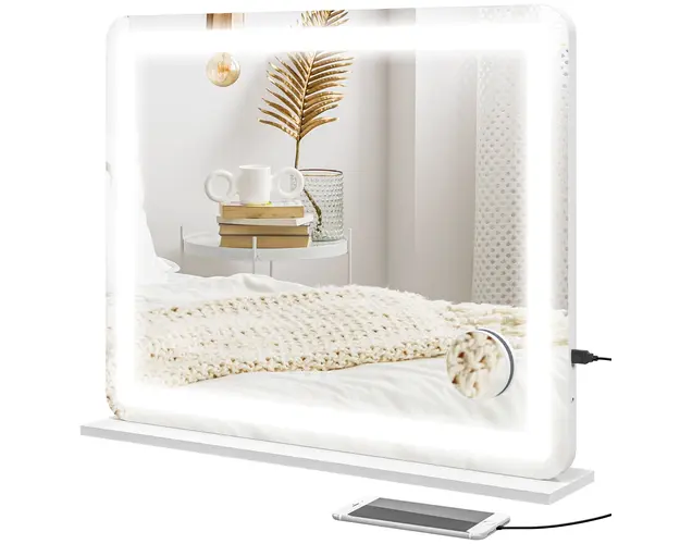 HOMCOM Oglinda de Machiaj cu Lumini LED in 3 Culori, Oglinda de Perete si Masa cu USB, 80x62x14 cm, Alb | Aosom Romania