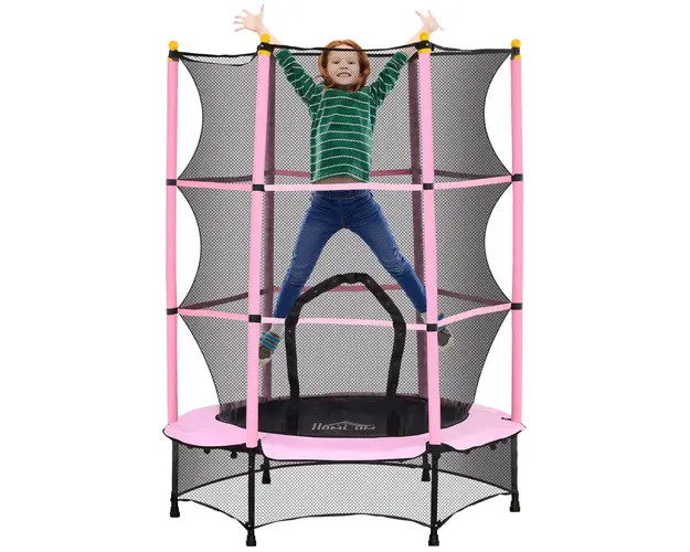 HOMCOM Trambolina Elastica pentru Copii 3-10 Ani cu Plasa de Siguranta si Tevi Capitonate, Ø140x190 cm, Roz | Aosom Romania