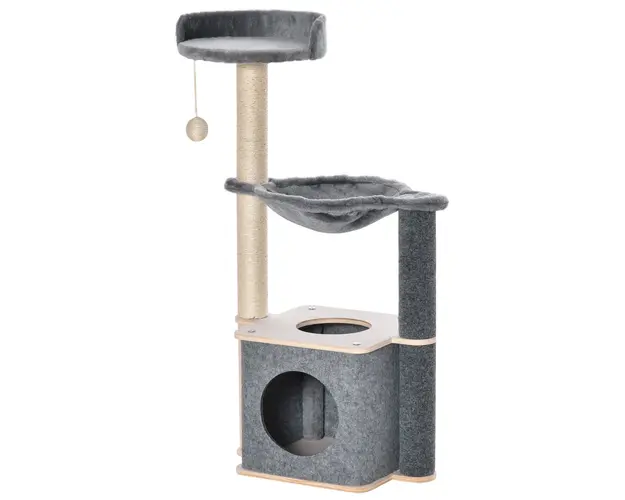 PawHut Ansamblu Joaca Pisici, Lemn/Plush, Zona Zgariat, Design Atractiv, 48x34x95 cm, Gri-Bej | Aosom Romania