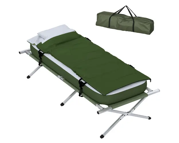Outsunny Pat Pliabil pentru Camping, Pat cu Sac de Dormit, Saltea Gonflabila, Perna si Geanta de Transport, 193x86x63 cm, Verde | Aosom Romania