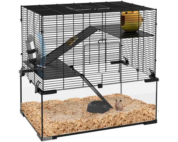 PawHut Cusca pentru Hamsteri, Gerbili si Animale Mici din Fir de Otel si Sticla cu Rotita, 60x40x57 cm, Negru | Aosom Romania