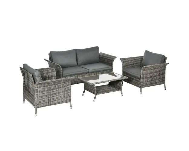 Outsunny Set de Gradina 4 Bucati Gri din Ratan PE si Otel, Masuta de Cafea pe 2 Nivele, Canapea de Exterior | Aosom Romania