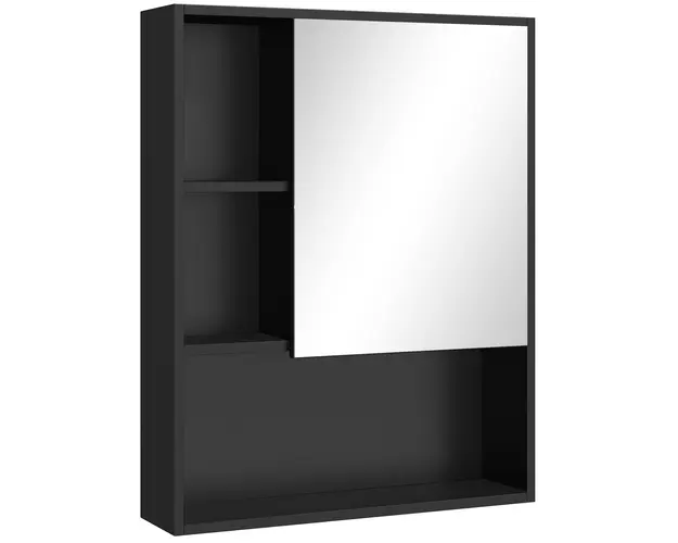 kleankin Dulapior de Baie cu Oglinda si Rafturi Reglabile, Dulap de Baie cu Usa si Montare pe perete, 60x15x76 cm, Negru | Aosom Romania