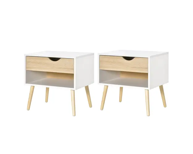 Set de 2 Noptiere Moderne cu Sertar şi Etajera, Baza Inalţata şi Picioare din Lemn , 50x39x51cm, Alb şi Stejar HOMCOM | Aosom Romania
