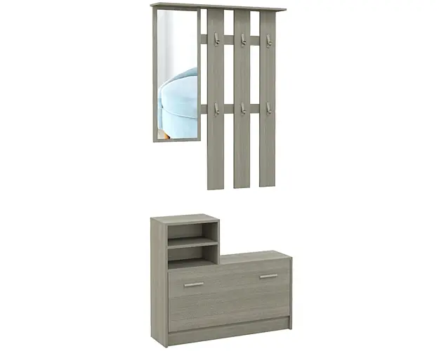HOMCOM Set de Depozitare 4-in-1 pentru Hol, Cuier de Perete cu Oglinda, Banca pentru Incaltaminte, 85x15x110 cm, Gri | Aosom Romania