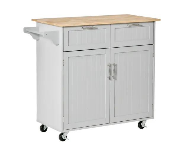 HOMCOM Insula de Bucatarie cu Blat de Lucru din Lemn de Cauciuc, Roti, 2 Sertare, Dulapior si Rafturi, 104x46x91 cm, Gri | Aosom Romania