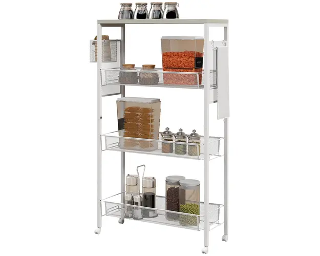 HOMCOM Carucior de Bucatarie Multifunctional cu 3 Nivele pe Roti 3 Cosuri din Sarma de Otel Carlig Alb 58x18.5x87cm | Aosom Romania
